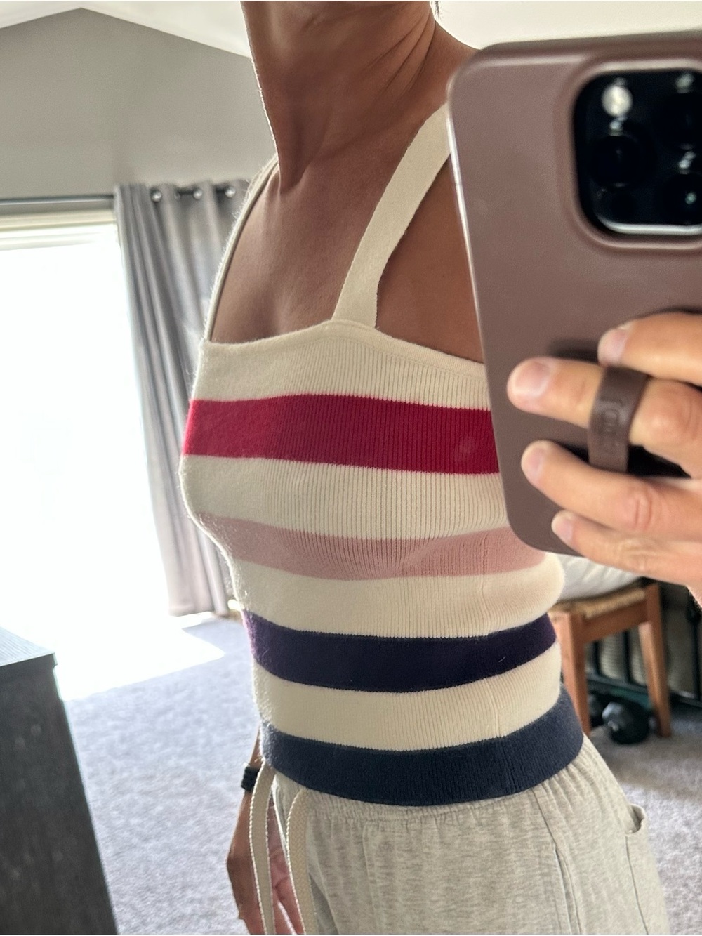 moon & madison Cream Knit Tank with Pink and Navy Stripe Bands